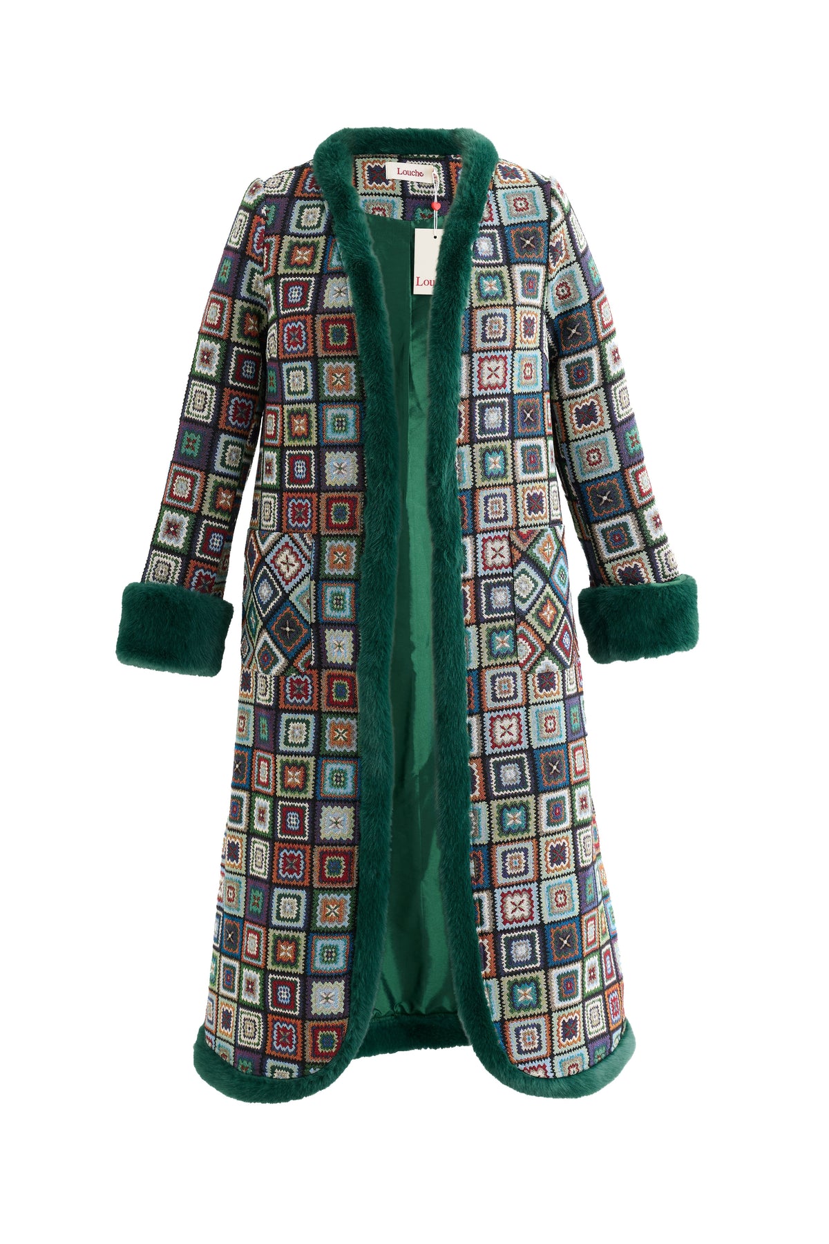 Delphia 70'S Patch Jacquard Fur Trim Coat - Multicoloured