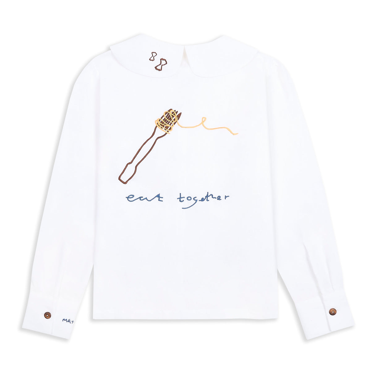 Má + Lin Eat Together Embroidered Claudine Linen Blouse - White x Sshepaints
