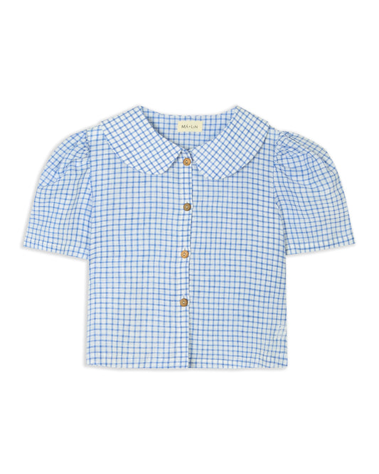 Má + Lin Frances Linen Cropped Blouse - Royal Blue Gingham