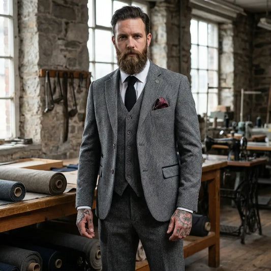 Men's Grey 3 Piece Tweed Herringbone Suit by TruClothing