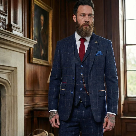 Men's Navy Blue 3 Piece Wool Blend Tweed Suit by TruClothing