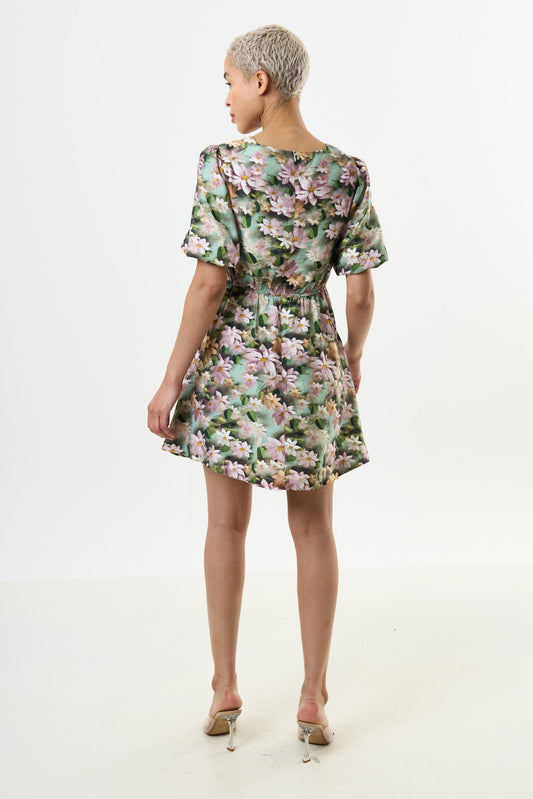 Agata 3D Daisy Print Mini Dress - Green - Bascora