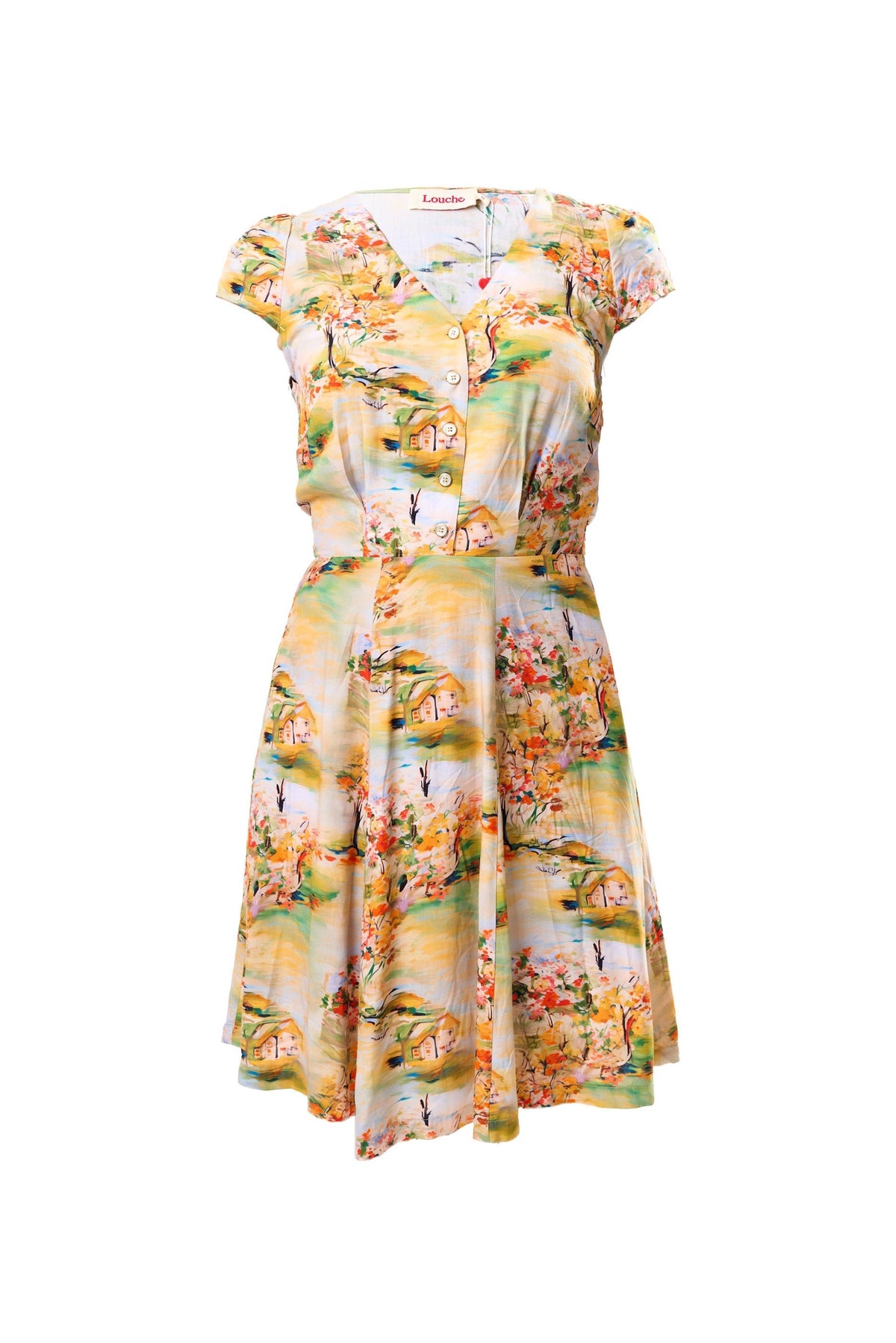 Cathleen Mini Oriental Landscape Print Tea Dress - Yellow - Bascora