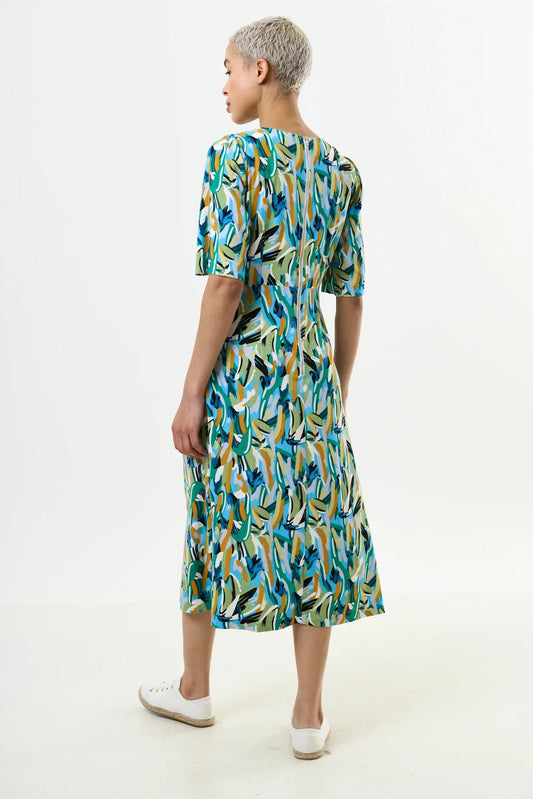 Corrine Brushstroke Print Short Sleeve Midi Dress - Green - Bascora