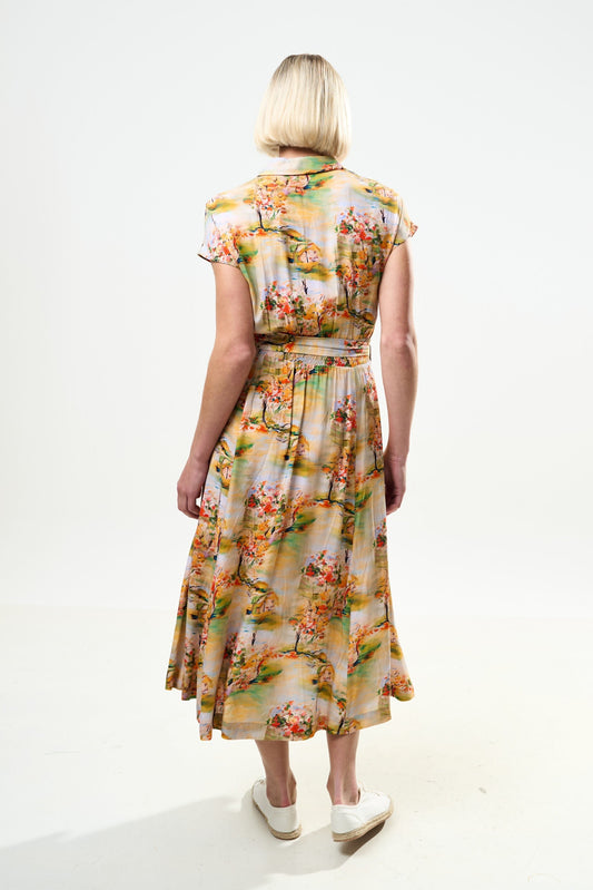 Fleur Oriental Landscape Print Midi Shirtdress - Yellow - Bascora