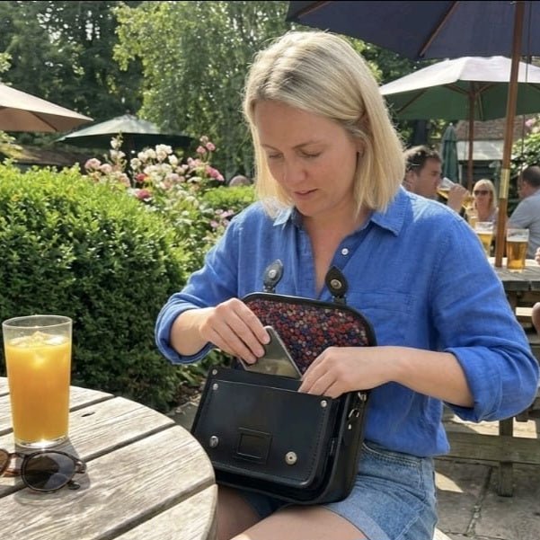 Floral Lined Leather Midi Satchel - Navy - Bascora
