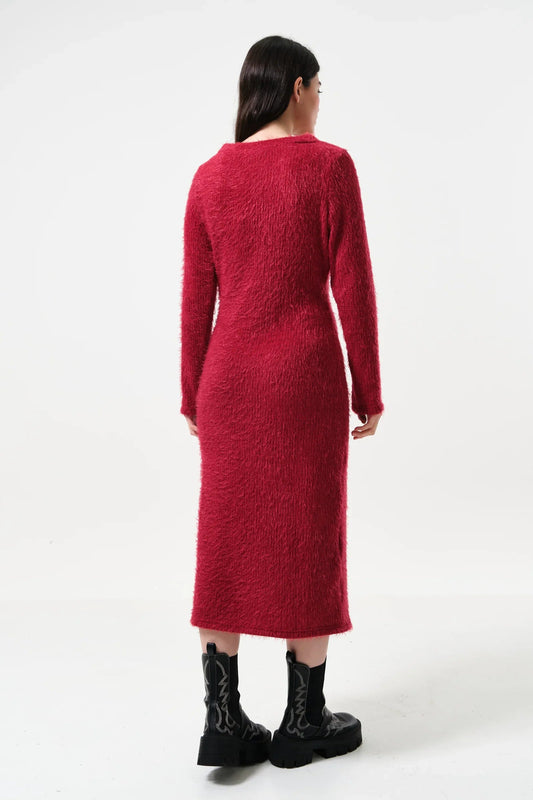 Guila Eyelash Rib Long Sleeve Midi Dress – Red - Bascora
