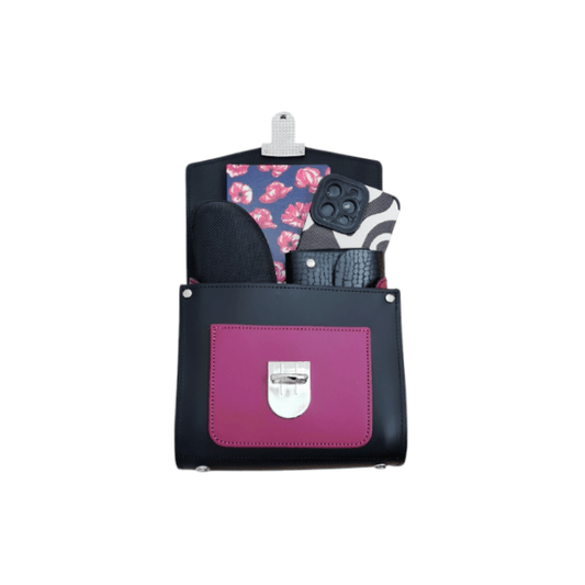 Handmade Leather Two Tone Sugarcube Handbag – Black & Magenta - Bascora