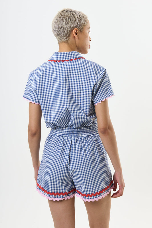 Hilton Gingham Ric Rac Trim Shorts - Blue - Bascora
