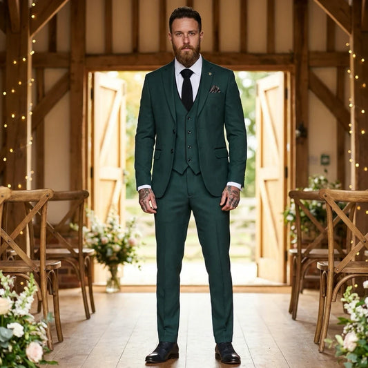 Men's 3 Piece Green Tailored Fit Suit with Black Trim by TruClothing