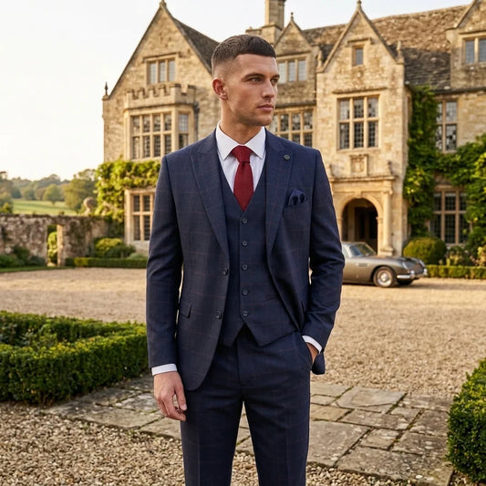 Men's Navy Blue Check Tailored Fit 3 Piece Suit by TruClothing