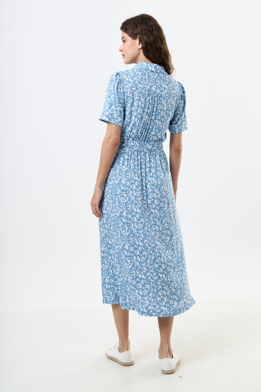 Inesa Negative Floral Print Short Sleeve Midi Shirt Dress - Blue - Bascora
