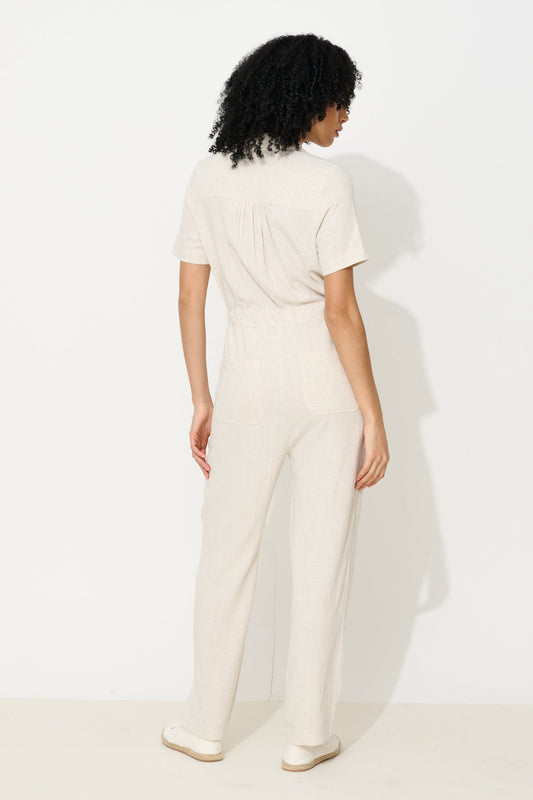 Justin Linen Mix Short Sleeve Jumpsuit – Natural - Bascora