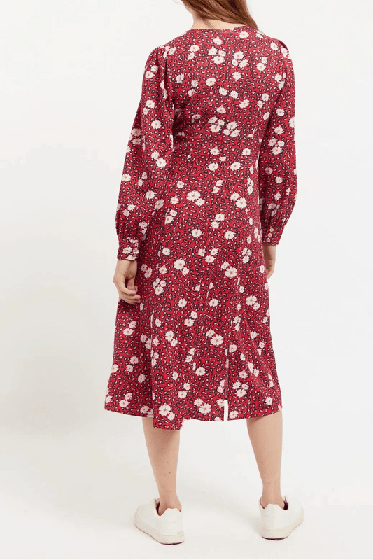 Liv Roaring Daisy Print Long Sleeve Midi Dress – Red - Bascora
