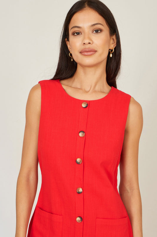 Red Viscose Button Detail Shift Dress - Bascora
