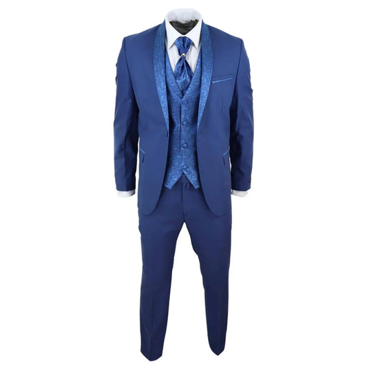 Men's 4 Piece Groom Wedding Suit with Shawl Collar and Blue Cravat