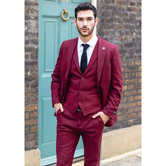 Men's Wool Tweed Burgundy Black Classic 3 Piece Suit
