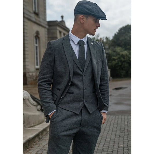 Men's Grey Black Herringbone Wool Tweed 3 Piece Suit