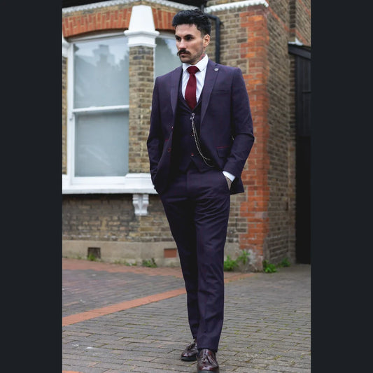STZ70 Men's 3 Piece Wool Tweed Plum Wine Check 1920s Gatsby Suit