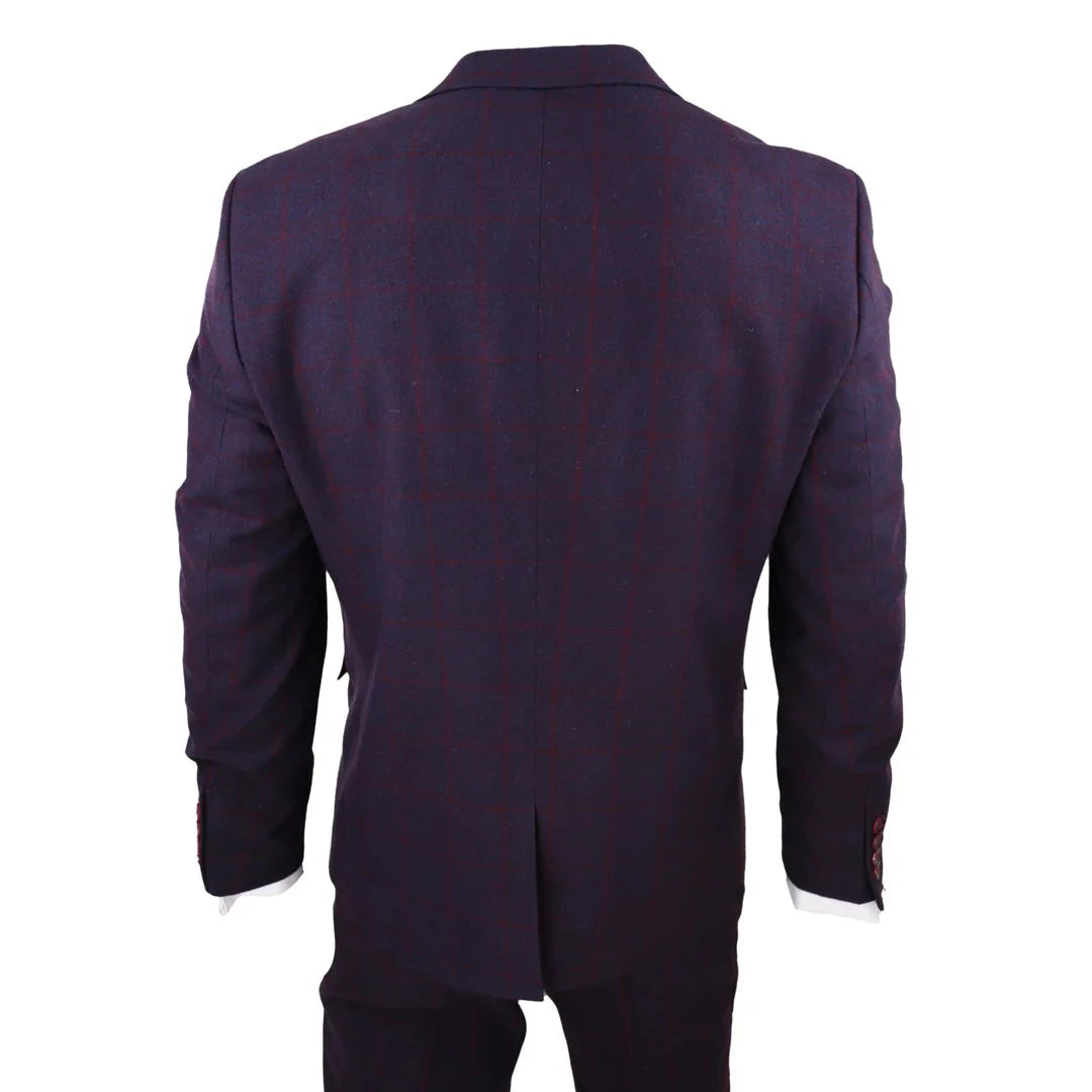 STZ70 Men's 3 Piece Wool Tweed Plum Wine Check 1920s Gatsby Suit