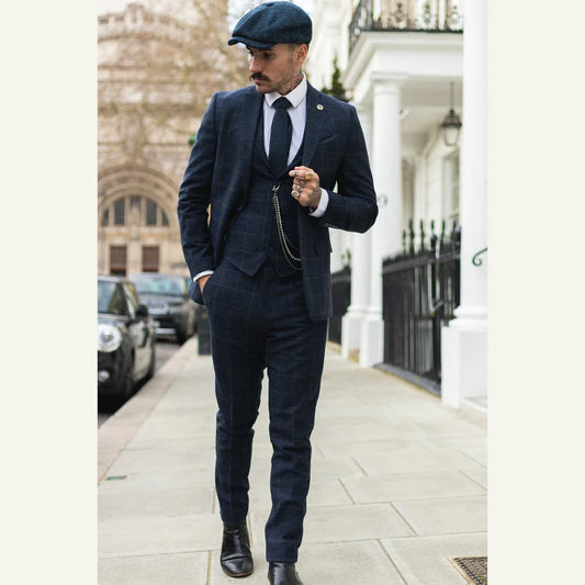 Men's 3 Piece Wool Tweed Navy Blue Brown Check 1920s Gatsby Suit