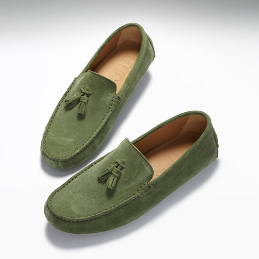 Hugs & Co. Men's Safari Green Suede Tasselled Driving Loafers