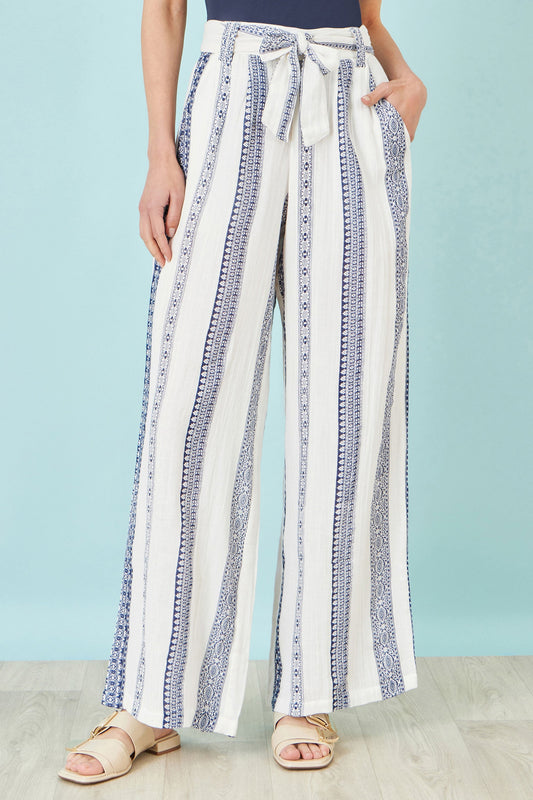 The Stripe Wide Leg – White Cotton Cropped Trousers - Bascora