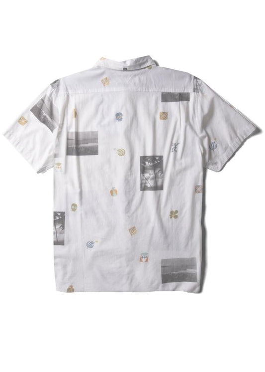 back of White short-sleeve shirt with graphic patterns on a white background