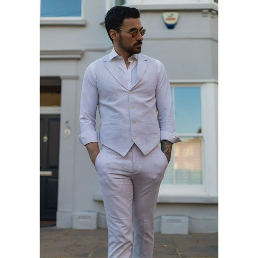Men's Light Grey Linen Summer Wedding Suit with Waistcoat and Trousers