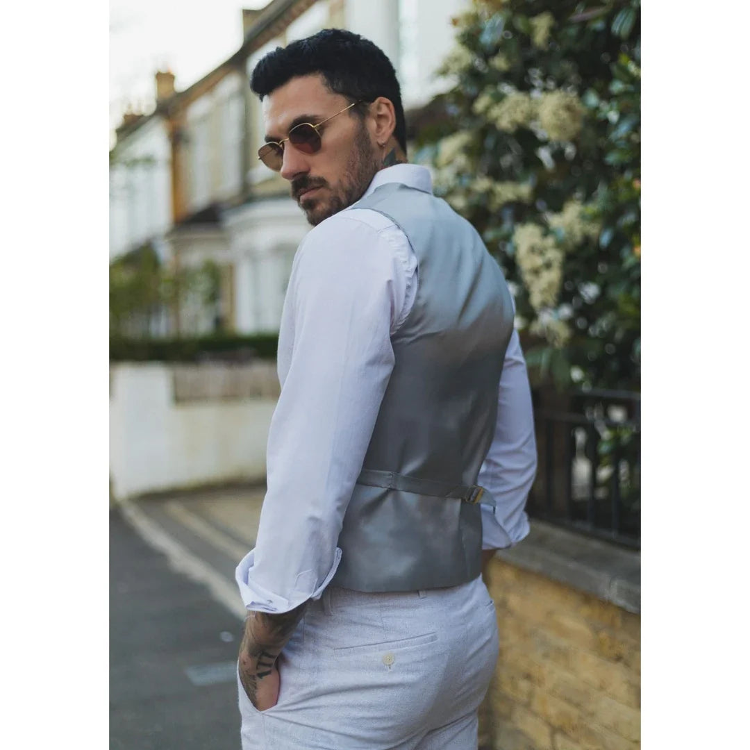 Men's Light Grey Linen Summer Wedding Suit with Waistcoat and Trousers