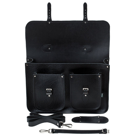 Twin Pocket Executive Handmade Leather Satchel - Black - Bascora