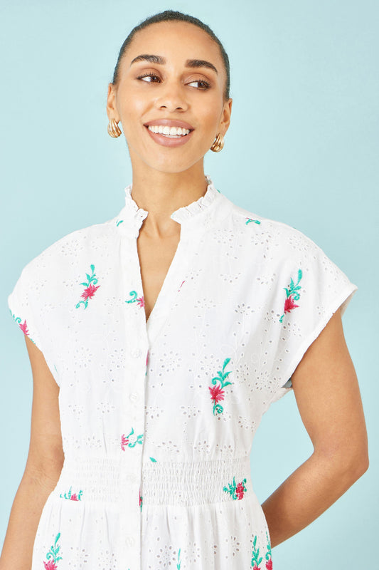 White Cotton Broderie Anglaise Embroidered Midi Dress - Bascora