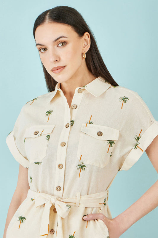 White Embroidered Palm Print Cotton Playsuit - Bascora