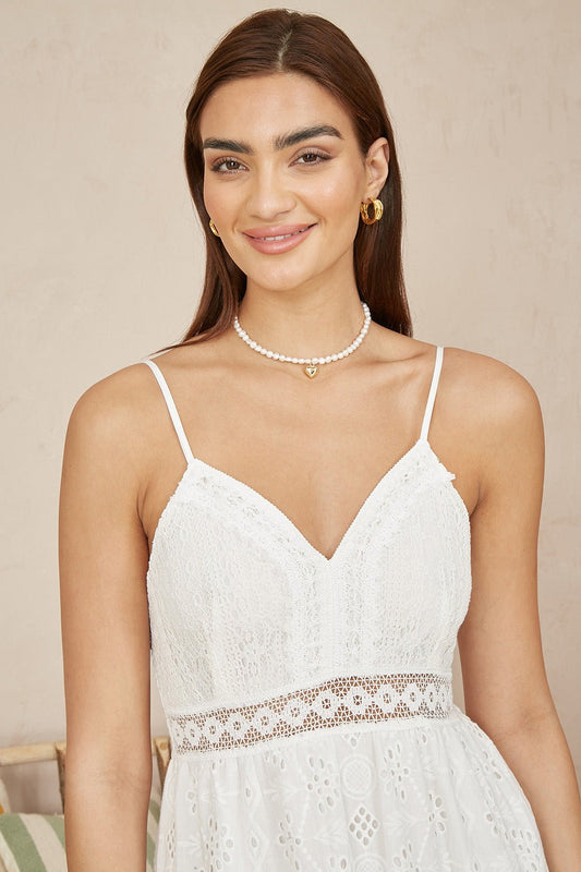 White Tiered Maxi Dress With Ruched Back - Bascora
