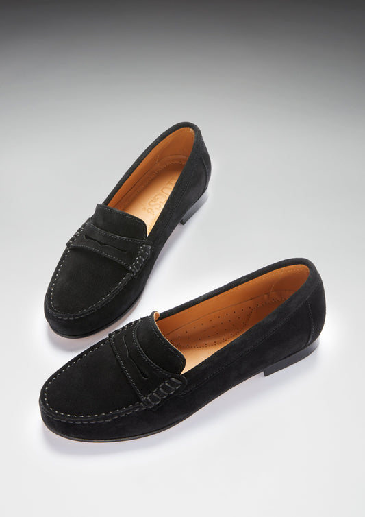 Hugs & Co. Women's Black Suede Leather-Sole Penny Loafers