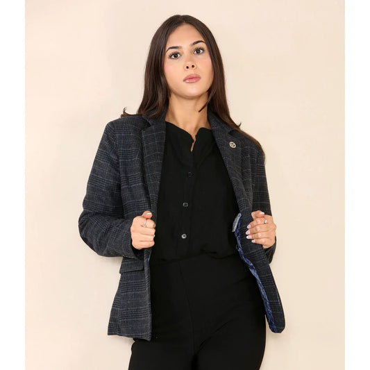 Women's Blue Tweed Check Waistcoat & Blazer Set by TruClothing