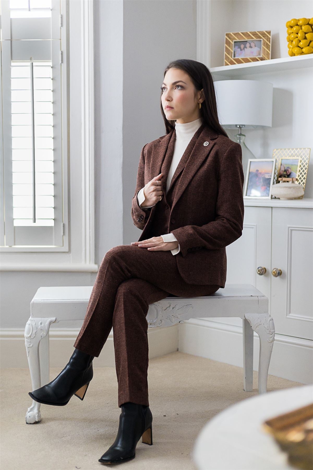 Women's Rust Brown Herringbone Wool Tweed Suit with Blazer, Trousers and Waistcoat