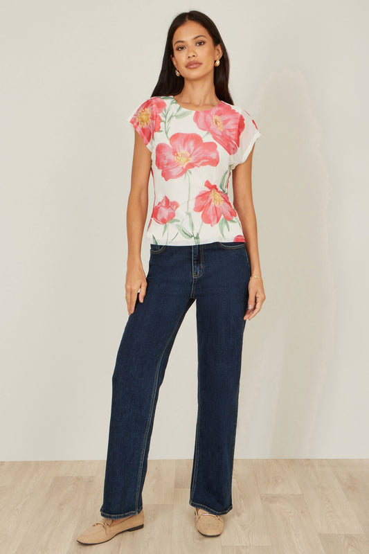 Yumi Ivory Poppy Print Mesh Top - Bascora