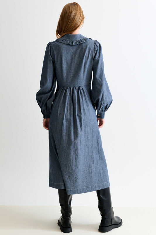 Zoya Chambray Zip Front, Frill Collar Midi Dress - Dark Grey - Bascora
