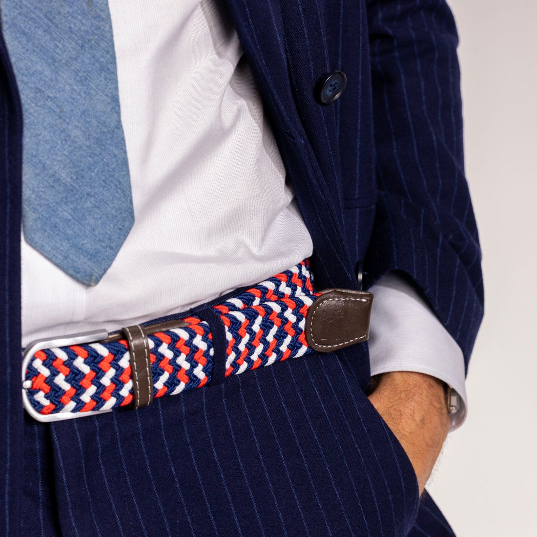 Swole Panda Recycled Woven Belt in Blue, Red and White Zigzag