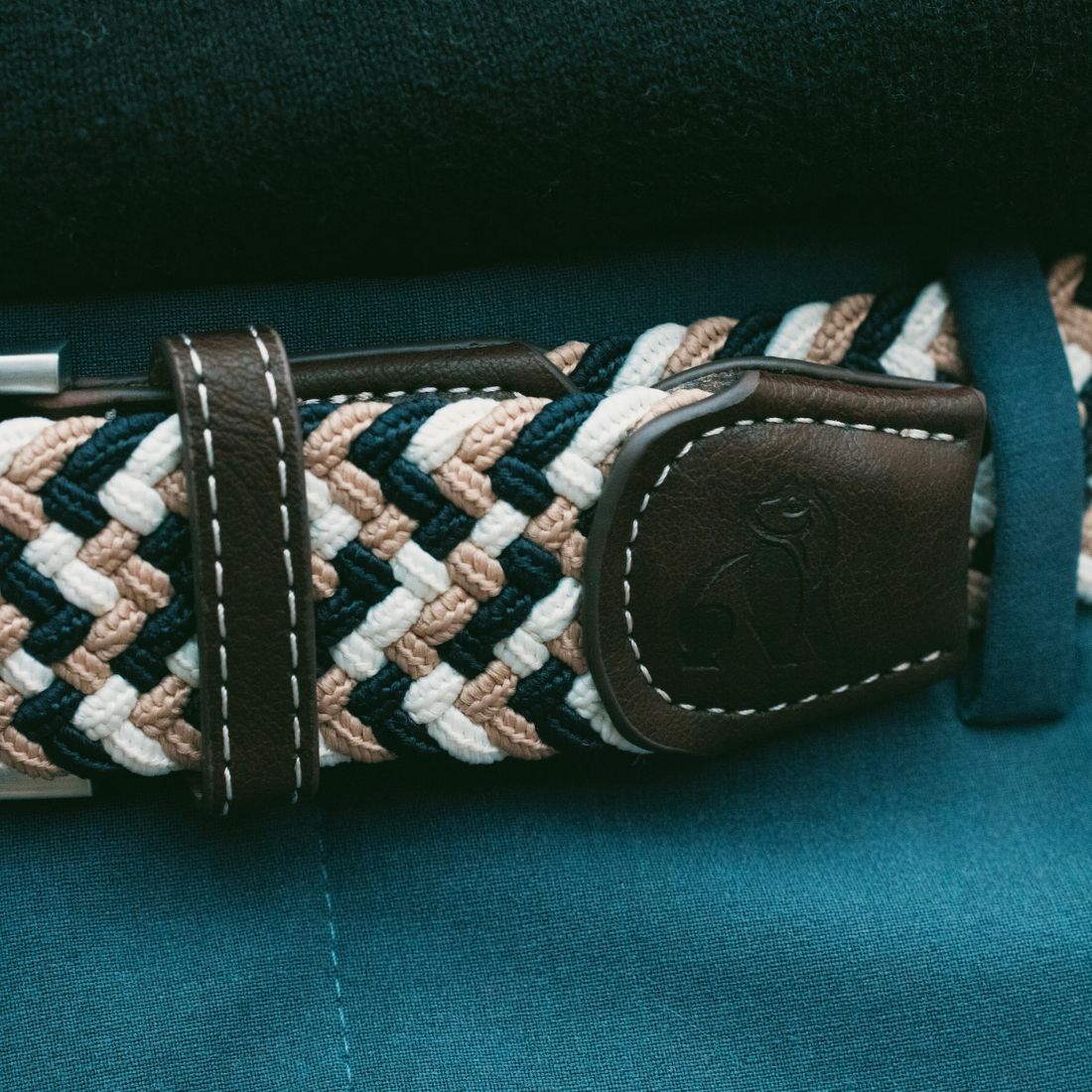 Swole Panda Woven Belt in Navy and Beige Zigzag