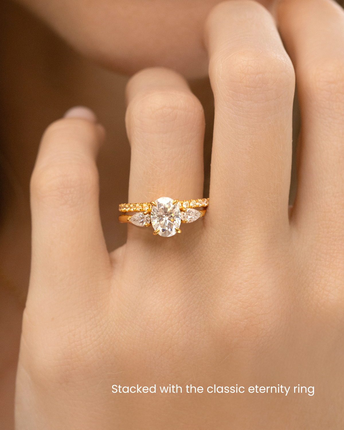 Vianne Jewellery 2ct Oval Moissanite Three Stone Engagement Ring in 18k Gold Vermeil
