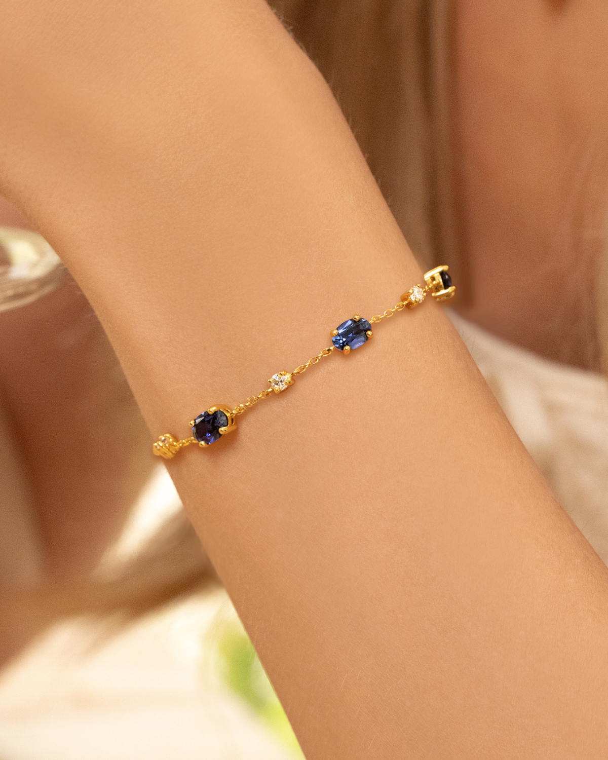 Vianne Jewellery Blue Sapphire and Moissanite Bracelet in 18k Gold Vermeil