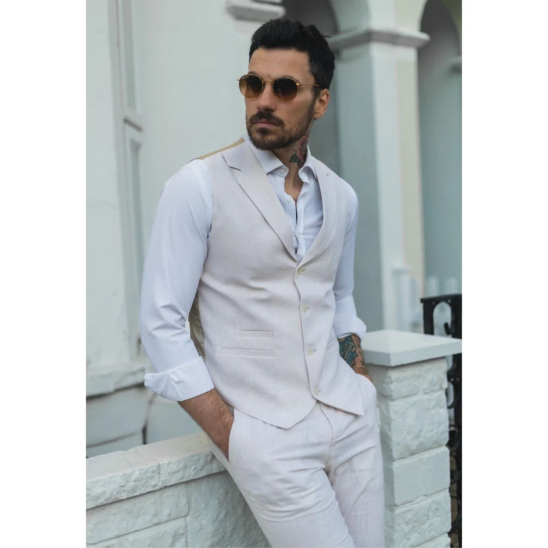 TruClothing TP-10 Men's Linen Suit Waistcoat & Trousers - Cream Beige
