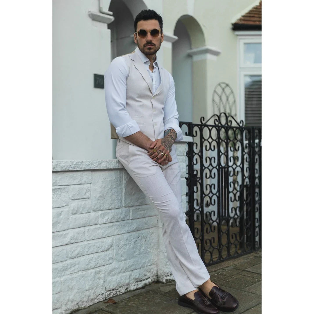 TruClothing TP-10 Men's Linen Suit Waistcoat & Trousers - Cream Beige