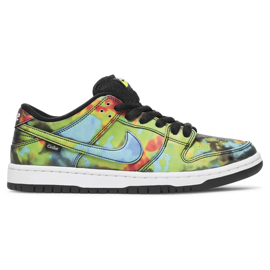 Colorful sneaker with a tie-dye pattern on a white background