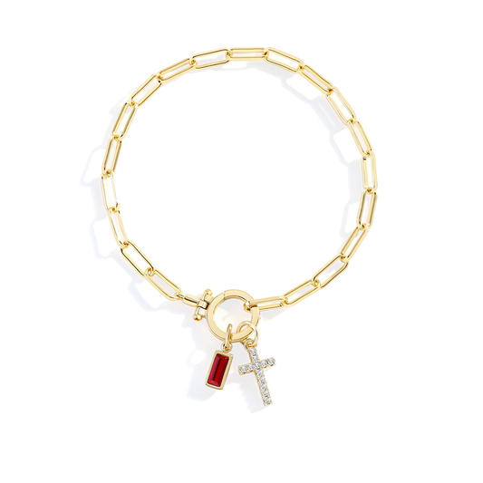 Savaé Design Cross Charm Birthstone Paperclip Bracelet