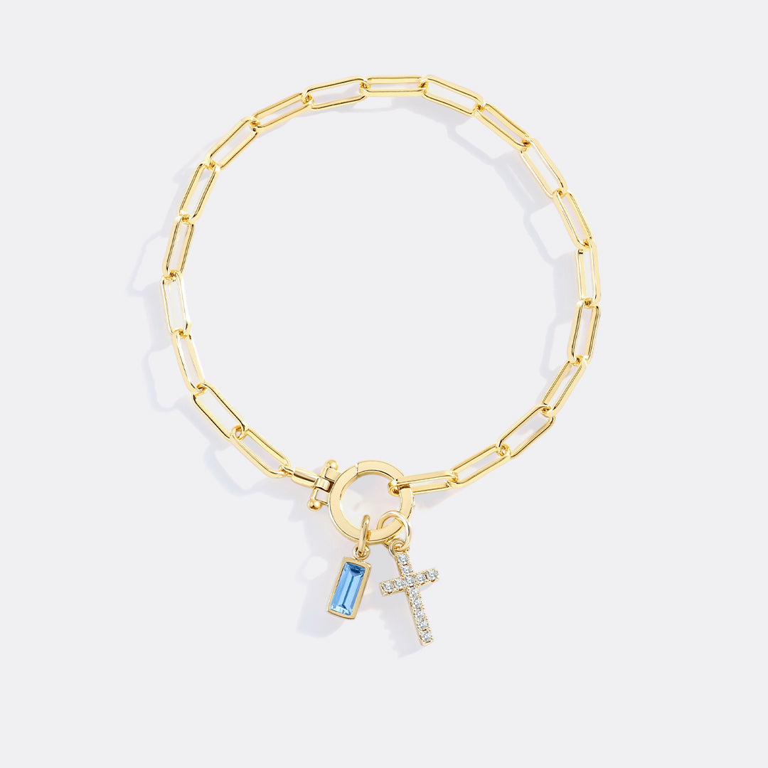 Savaé Design Cross Charm Birthstone Paperclip Bracelet