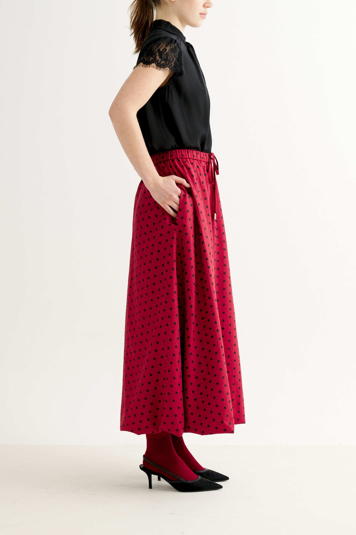 Dixie Spot Print Bubble Hem Midaxi Skirt - Wine
