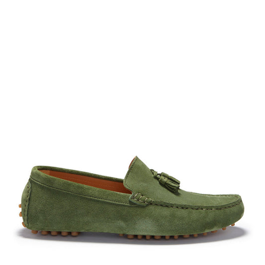 Hugs & Co. Men's Safari Green Suede Tasselled Driving Loafers
